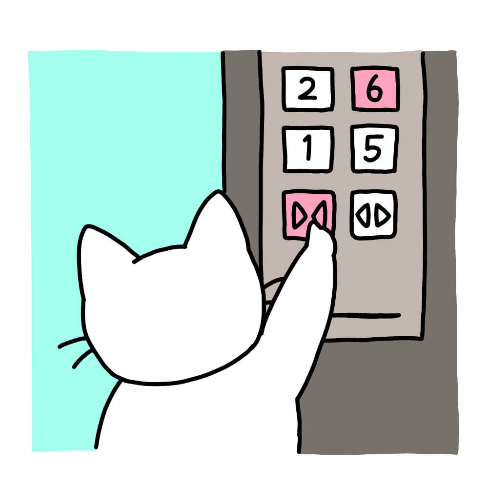 エレベーターの閉まるボタンを押すネコのイラスト
