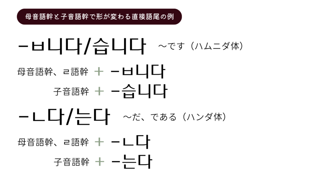 母音語幹と子音語幹で形が変わる接続語尾の例