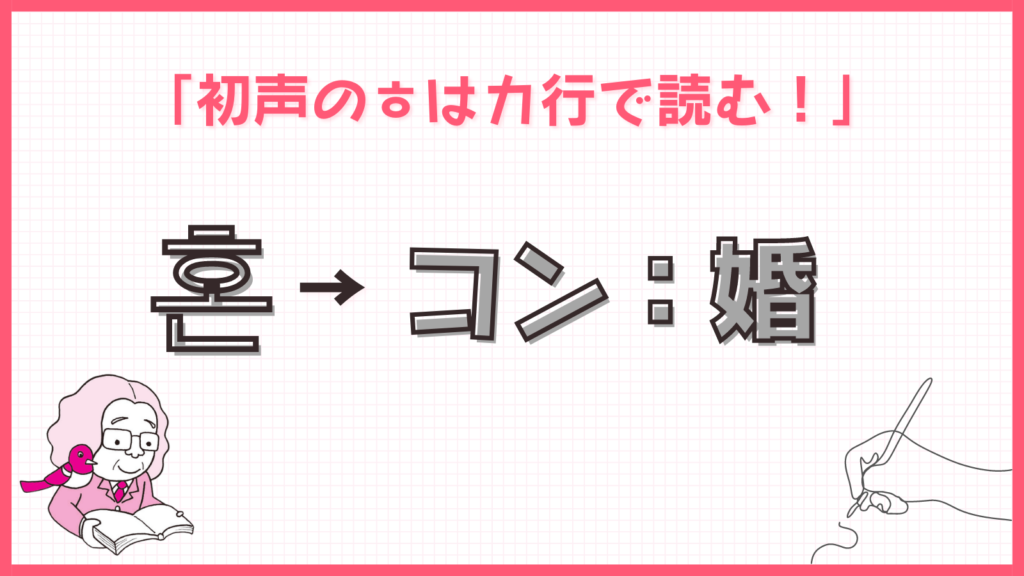 今日のルール「初声のㅎはカ行で読む！」 → コン：婚