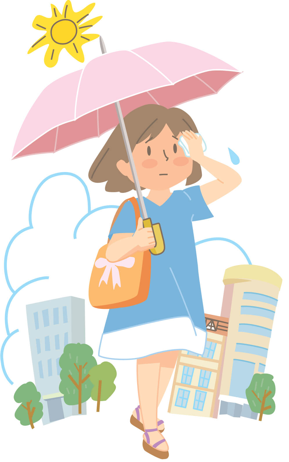 暑そうな街を歩く女性のイラスト